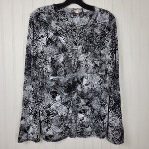 Dana Buchman Women's Blouse, Reptile Design, Gold Buttons, Front Pockets SZ L